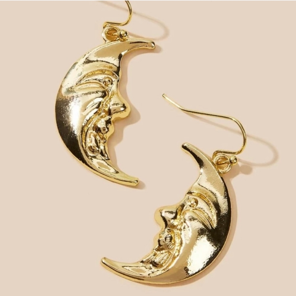 Ocean Dreams Gold Toned Crescent Moon Face Earrings